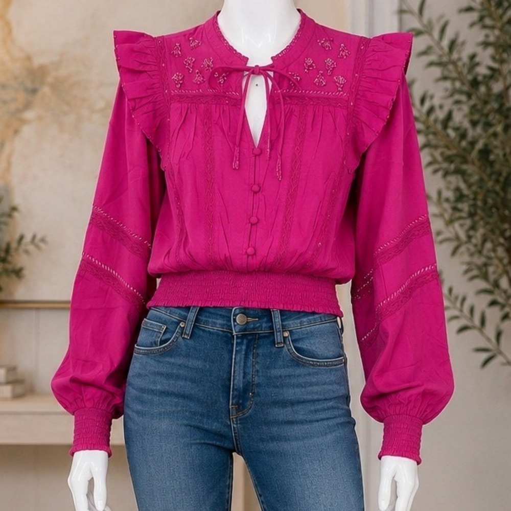 Allison New York Womens Beaded Demi Top Fuchsia Ruffle Smocked Boho Small